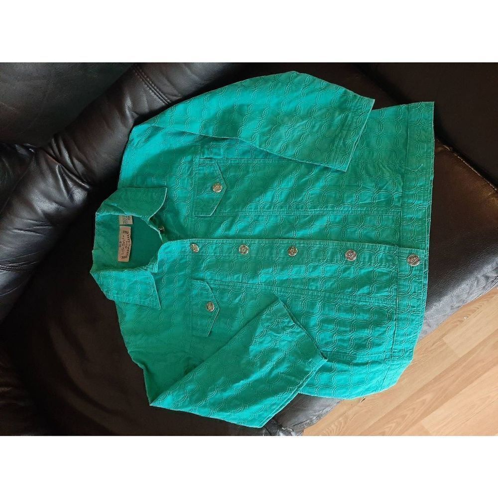 Medium Petite Lifestyle Blue Green Jacket Shirt Button Front
